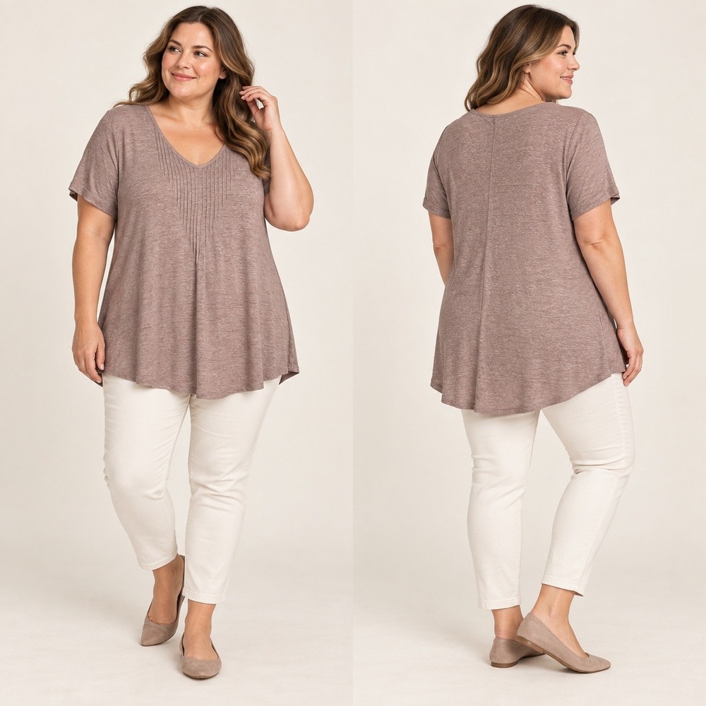 Poetry Linen Top Womens 18 Dusty Rose / Mauve V-Neck Pintuck Short Sleeve Shirt